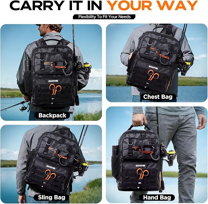 Fishing Backpack with Tackle Boxes and Rod Holders, Fishing Bag wtih Fishing Lure Kit Water-resistant Sling Tackle Bag Store Gear and Equipment, Bait Gifts for Men Woman Anglers-Dark Black Backpack