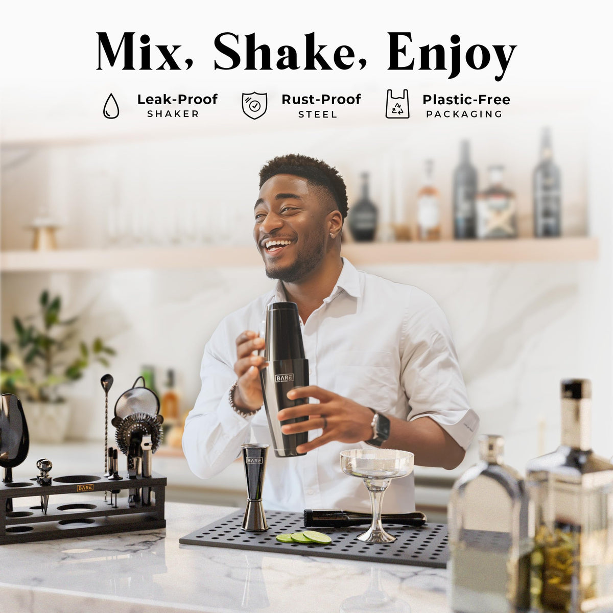 BARE BARREL® Mixology Bartender Kit Bar Set | 16-Piece Cocktail Shaker Set | Martini Barware Mixing Tools for Home Bartending | Incl. 35 Recipe Cards | Gift Set (28oz Boston Shaker, Jet Black/Black)