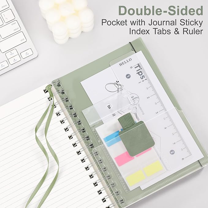 RETTACY Spiral College Ruled Notebook, 300 Pages, A5 Medium Size (5.7" × 8.2"), for School, Work, Writing, Journaling, 100 GSM Thick Paper, Flexible Plastic Cover (Light Green)