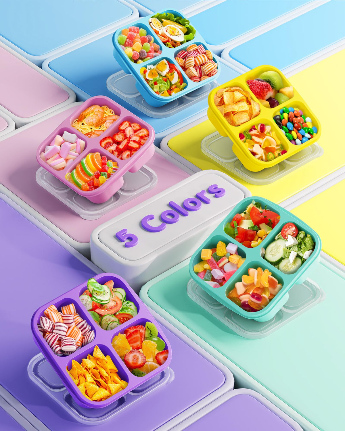 5 Pcs Bento Snack Containers, Reusable 4 Compartment Divided Food Storage Containers, Divided Lunchable Container for School, Work and Travel (Transparent Lids)