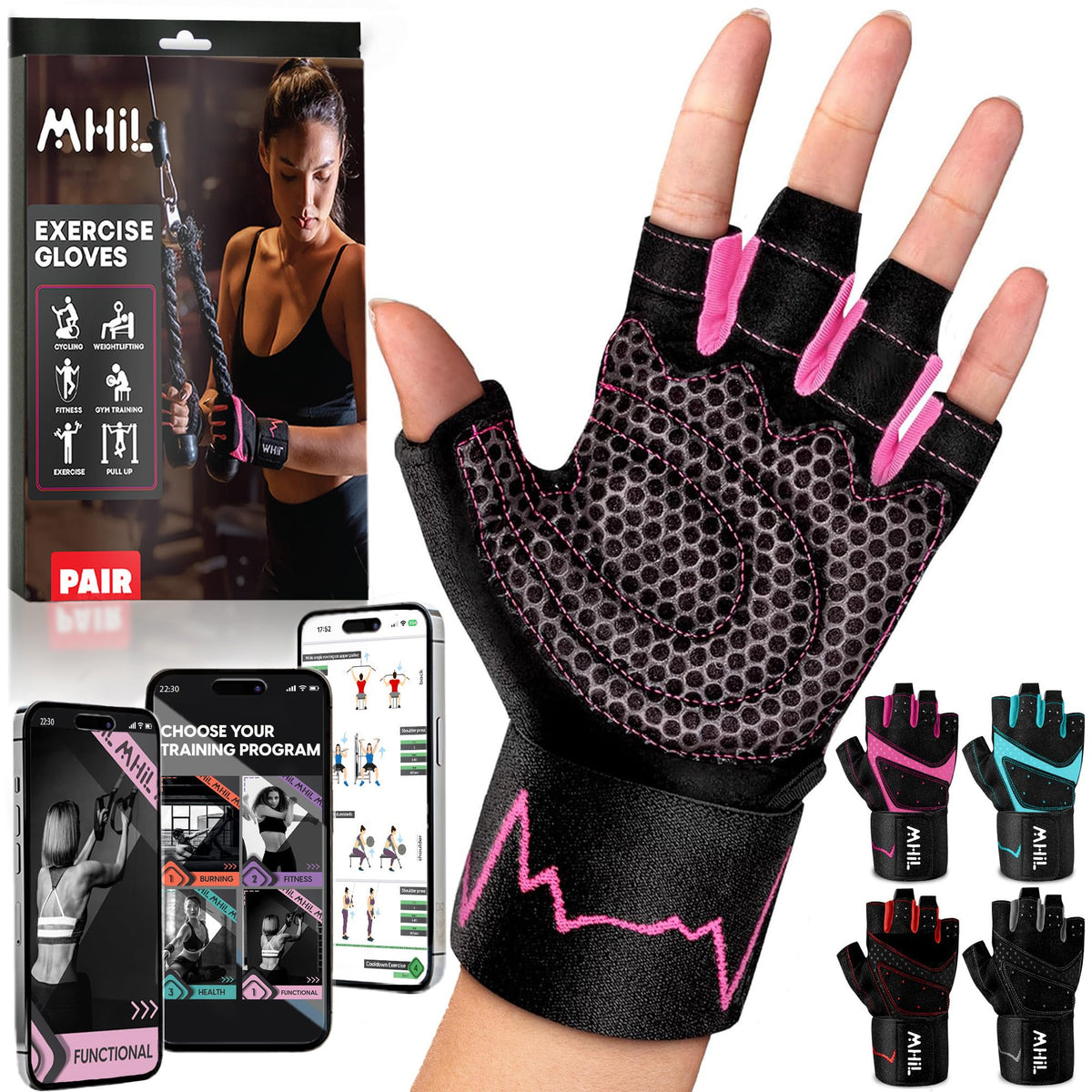 MhIL Workout Gloves for Women & Men - Gym Gloves for Women Weight Lifting Gloves - Exercise Gloves, Training Gloves with Wrist Wraps Support for Weightlifting, Work Out, Pull up- Full Palm Protection