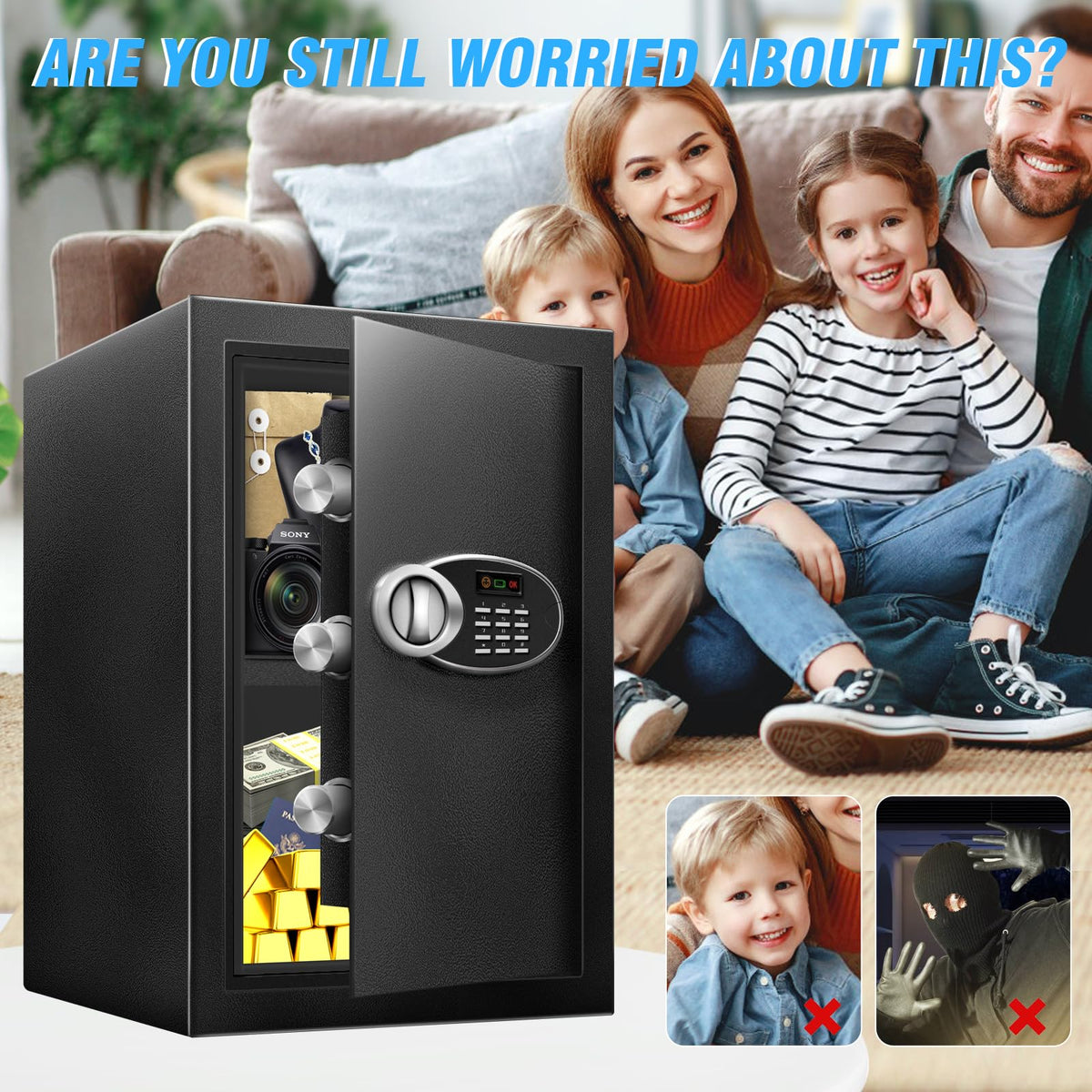 2.5 Cu Ft Large Safe Box with Fireproof Waterproof for Documents - Steel Security Personal Fire Safe with Digital Keypad, Emergency Battery Box & Combination Lock, Safety Box for Valuables Money Cash