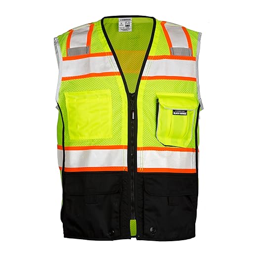 Kishigo Unisex High Visibility Reflective Premium Black Series Black Bottom Vest 1515, Zipper Closure, Polyester, ANSI 107 Type R/Class 2, Construction, Utility, Waste Management (Lime, M)