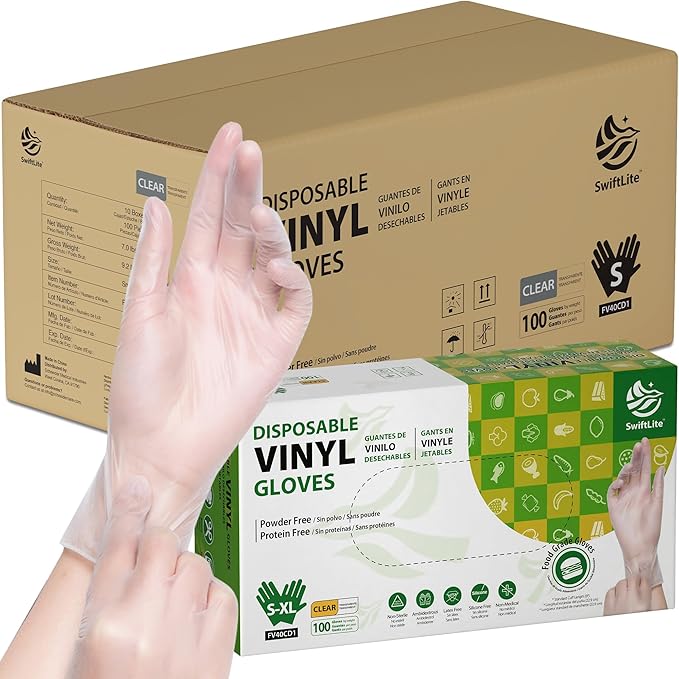 Disposable Vinyl Gloves, Food Safe, Latex-Free Powder-Free Clear Plastic Gloves for Cooking, House Clean, Food Prep