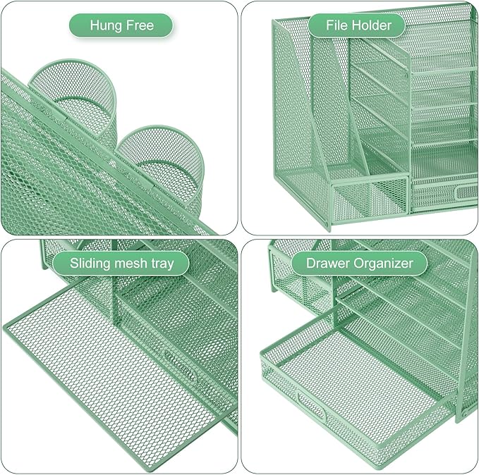 Marbrasse Desk Organizer with File Holder, 5-Tier Paper Letter Tray Organizer with Drawer and 2 Pen Holder, Mesh Desktop Organizer and Storage with Magazine Holder for Office Supplies (Green)