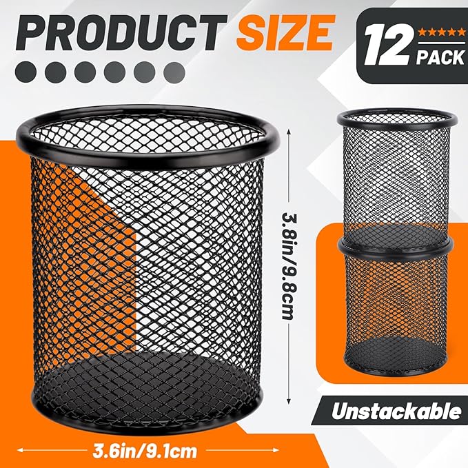Segarty Pen Cup Holder for Desk, 12 Pack Black Pencil Holder, Round Wire Mesh Pen Container Set for Office Supply, School Classroom, Home Desktop Accessories, Makeup Brush Organizer