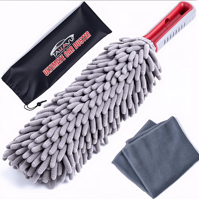 Car Duster Interior by TAKAVU, 360° Microfiber Fingers, Unbreakable Comfort Handle, Lint and Scratch Free, Include Microfiber Towel, for Car & Home Use, The Best Auto Accessories Gray