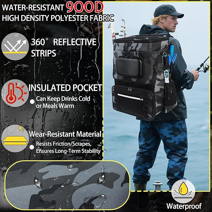 Fishing Backpack with Rod Holder, Large 50L Tackle Bag Water Resistant Tackle Backpack Heavy Duty Fishing Bag Gift for Men Woman
