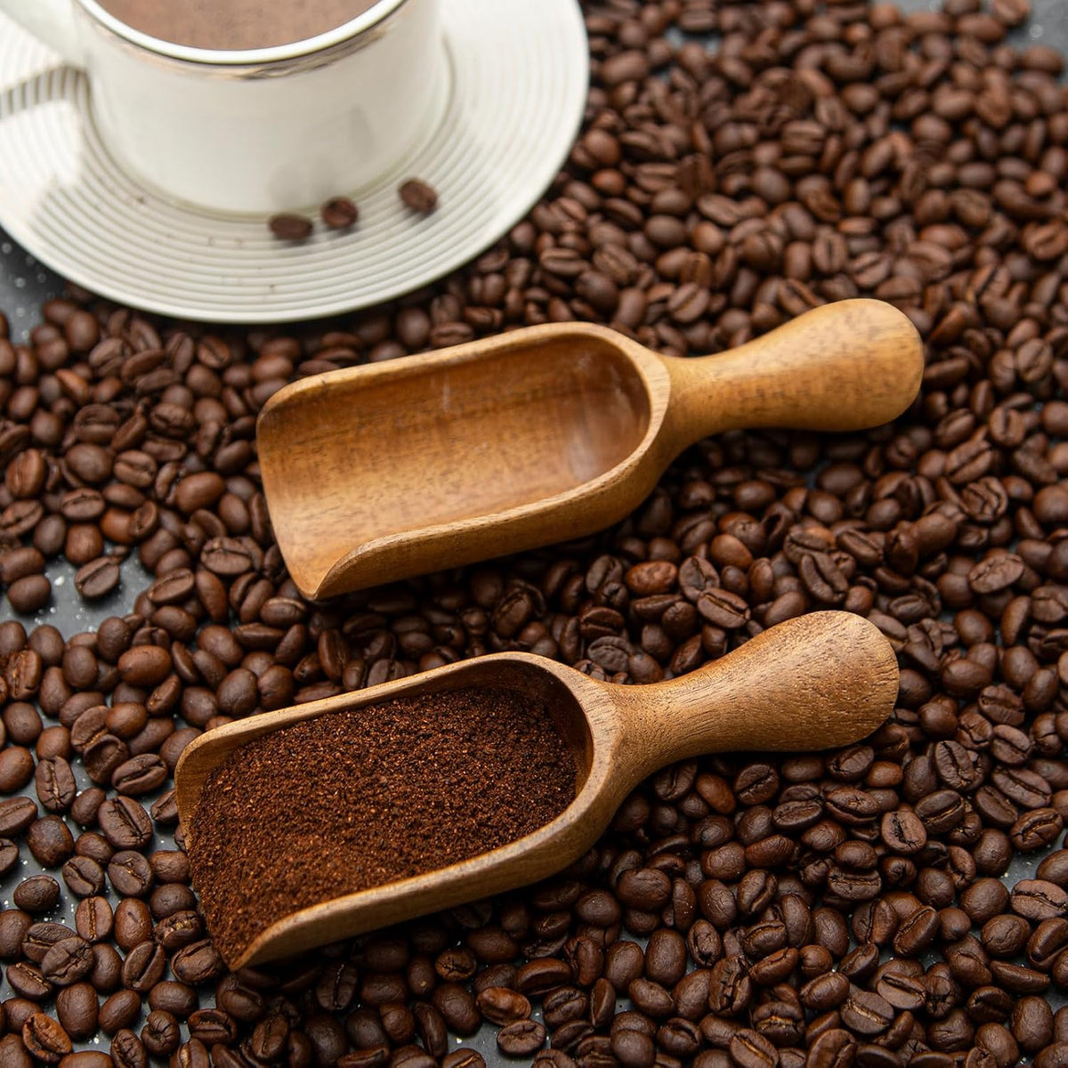 Big Coffee Scoop Shovel, 2pcs Wooden Scoop for Jars, Large Ground Coffee Scoop 5.9″ Measuring Spoons for Coffee Scoops, Tea, Powder- Multifunctional Kitchen Scoop for Bath Salts,Laundry (Acacia Wood)