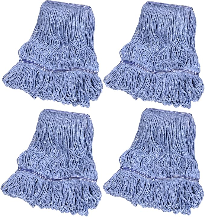 4 Pack Mop Head Heavy Duty Commercial Replacement, Wet Industrial Blue Cotton Looped End String Head Refill for General and Floor Cleaning Mop Replacement