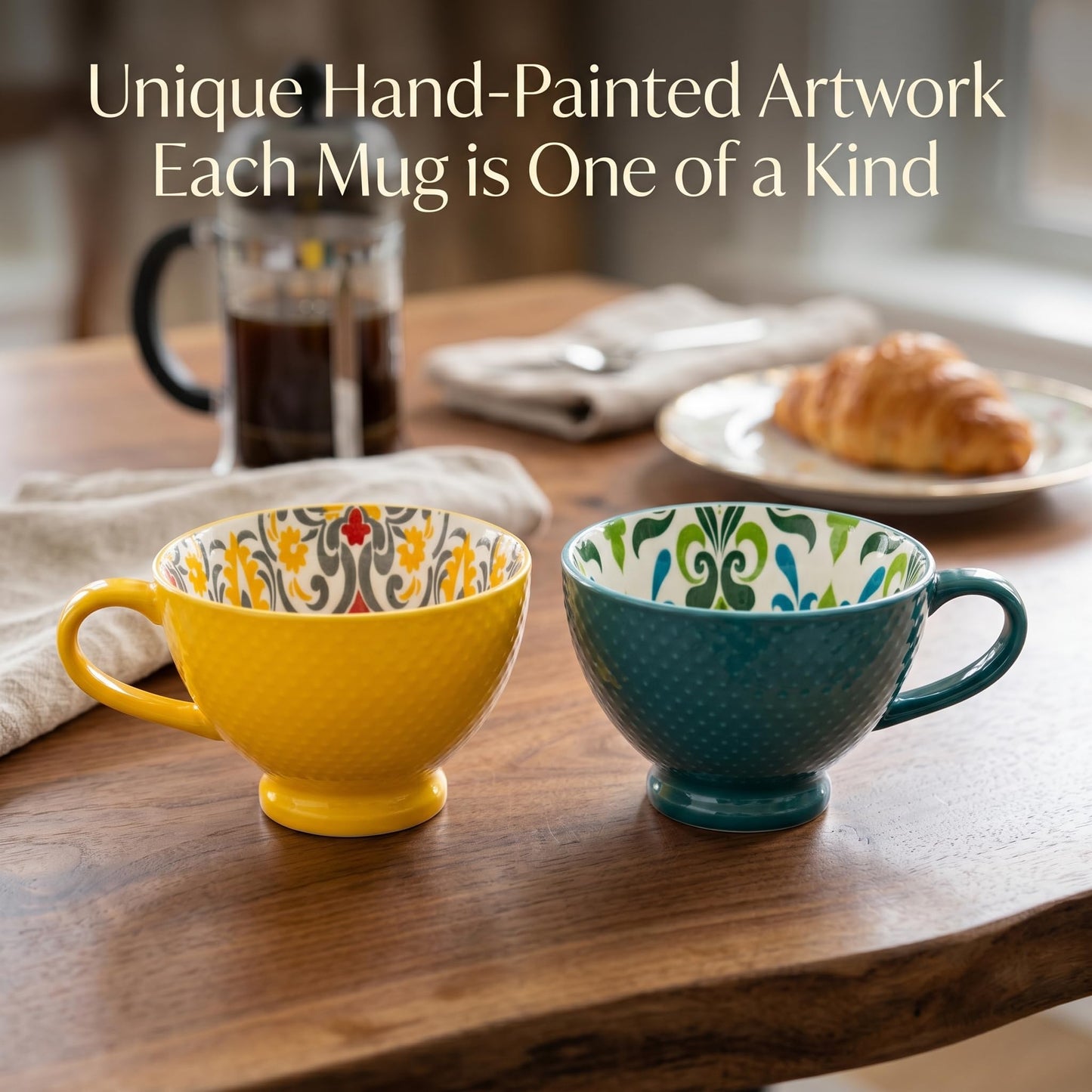 Topadorn Ceramic Coffee Mugs with Handle Set of 2, Hand-Painted Floral Pattern Ceramic Soup Mugs for Salad, Cappuccino, Cereal, Milk, Latte, Tea, Cocoa, Breakfast Oatmeal Cups(Green & Yellow)