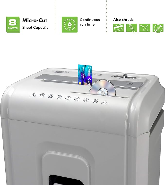 Aurora High-Security 8-Sheet Micro-Cut Paper, CD/DVD and Credit Card Shredder, White/Gray