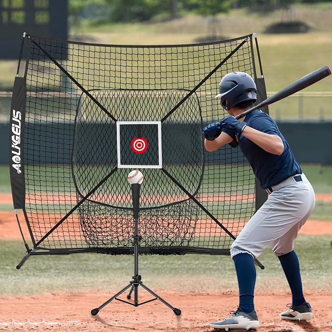 6'X6' Baseball Softball Practice Net,Pitching Net,Batting Net,with Baseball Tee,Bonus Strike Zone,Target and Bow Frame,for Hitting,Pitching,Catching