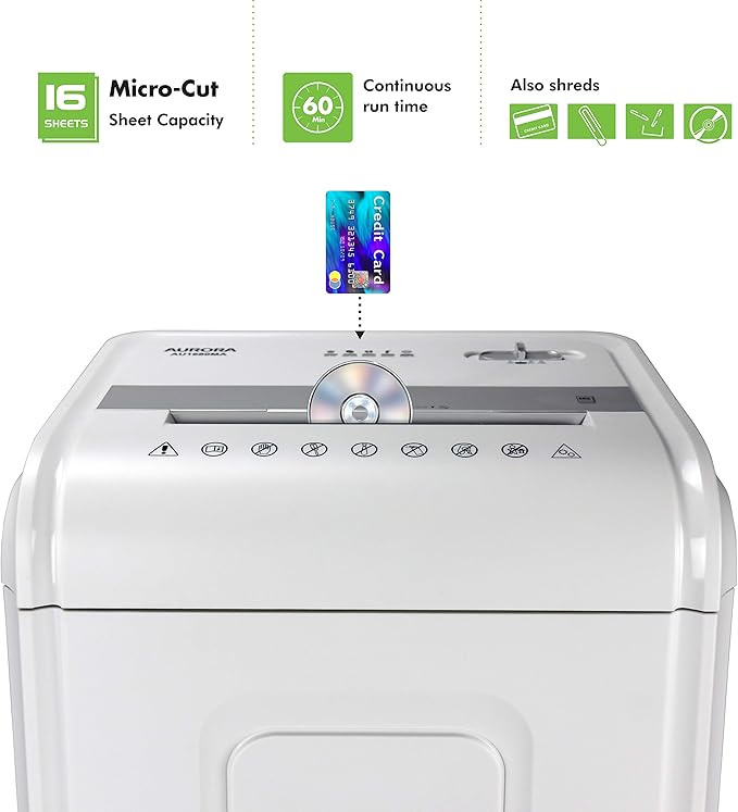 Aurora Heavy Duty High Security 16-Sheet Micro-Cut Shredder/Anti-Jam/60 Min Run Time/ 7-Gallon Pullout Basket and Casters, AU1680MA