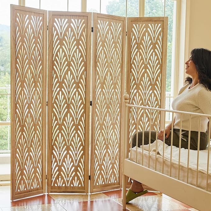 5.6Ft Room Divider Folding Wood Simple Carved Partition Screen for Home Office Garden - 4 Panels (Natural)
