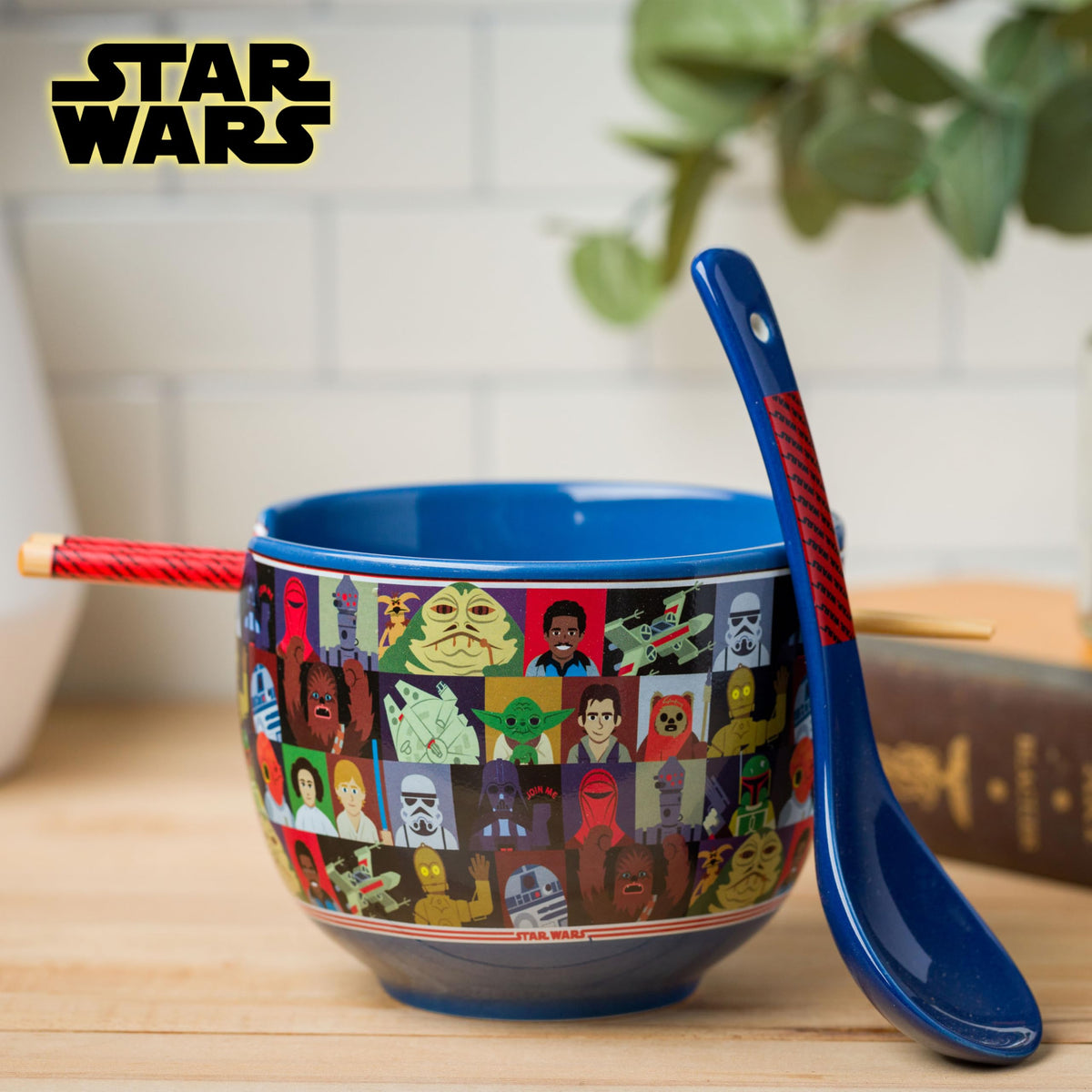 Silver Buffalo Star Wars Characters Ceramic Ramen Noodle Rice Bowl with Chopsticks and Spoon, Microwave Safe, 20 Ounces