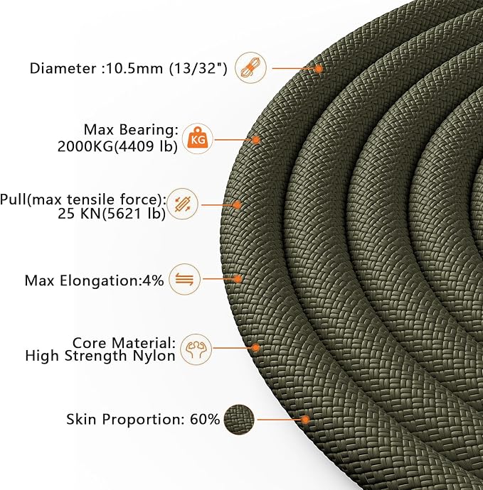 X XBEN Outdoor Climbing Rope 10M(32ft) 20M(64ft) 30M(96ft) 50M(160ft) 70M(230ft) 152M(500FT) 352M(1000FT) Static Rock Climbing Rope for Escape Rope Ice Climbing Equipment Fire Rescue Parachute