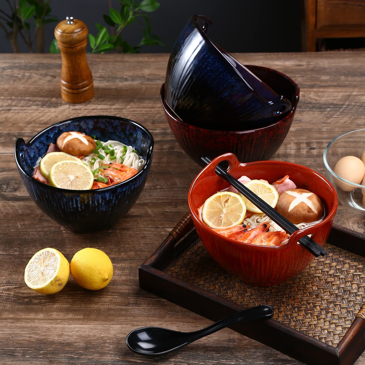 JH JIEMEI HOME Ramen Bowl with Chopsticks and Spoons, Ceramic Set of 2, Dishwasher Safe for Pho Udon Soba Noodle Salad Pasta, Special Reactive Glazed Crimson Bowls Set