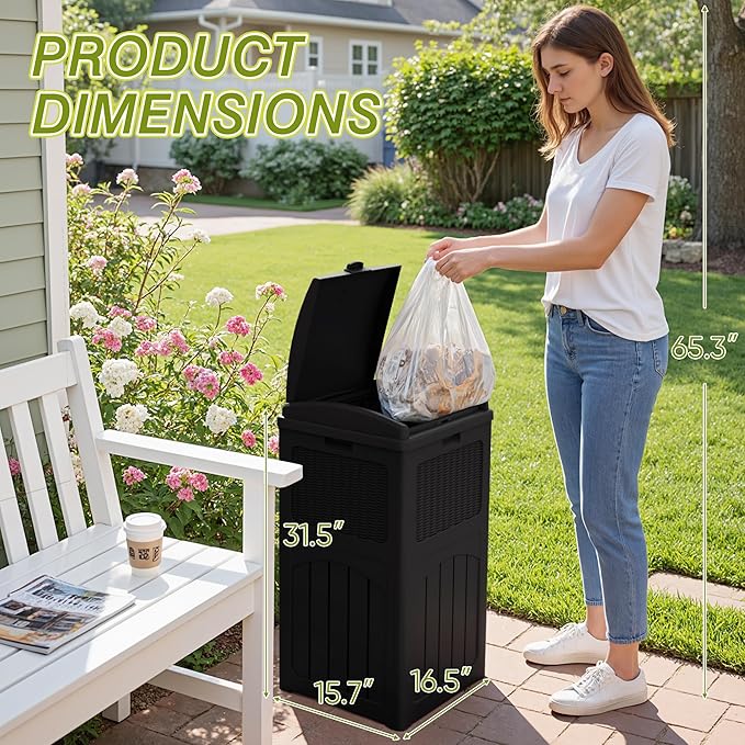 Greesum 33 Gallon Outdoor Trash Can with Lid, Waterproof Resin Garbage Bin for Hideaway, Deck, Patio, 3 Pack, Black