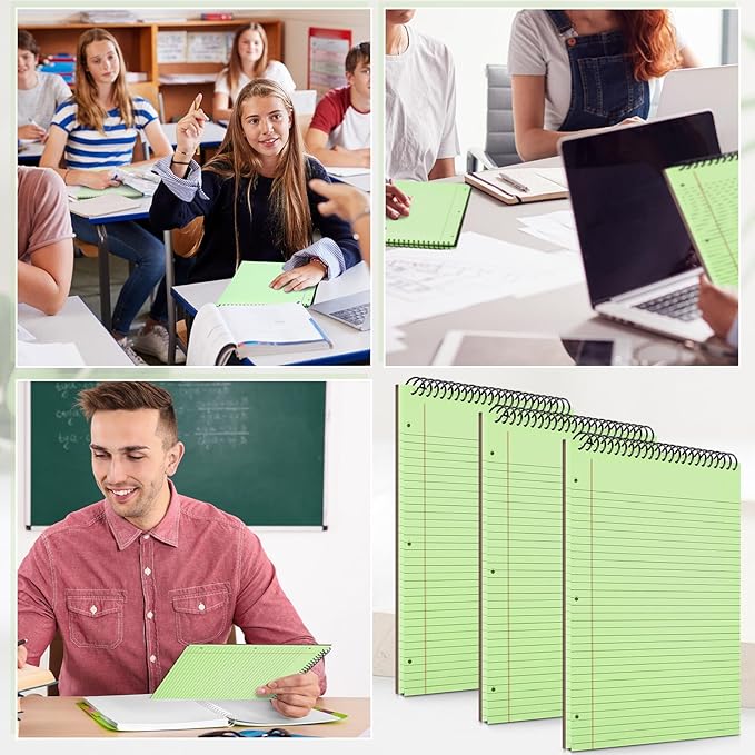 3 Packs 8.5" x 11" Top Spiral Notebook with 3 Hole Punched Legal Pads College Ruled Notepad 50 Sheets Hard Cardboard Paper Wirebound Notepad for Office School Business (Green)