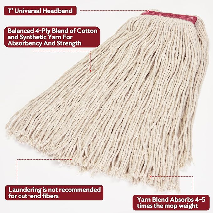 MATTHEW CLEANING 16oz 12Pack Cotton Mop Head Replacement,Cotton Looped-Open String Heavy Duty String Mop Refills, Universal Headband Blend,Floor Cleaning for Home, Industrial and Commercial Use(White)