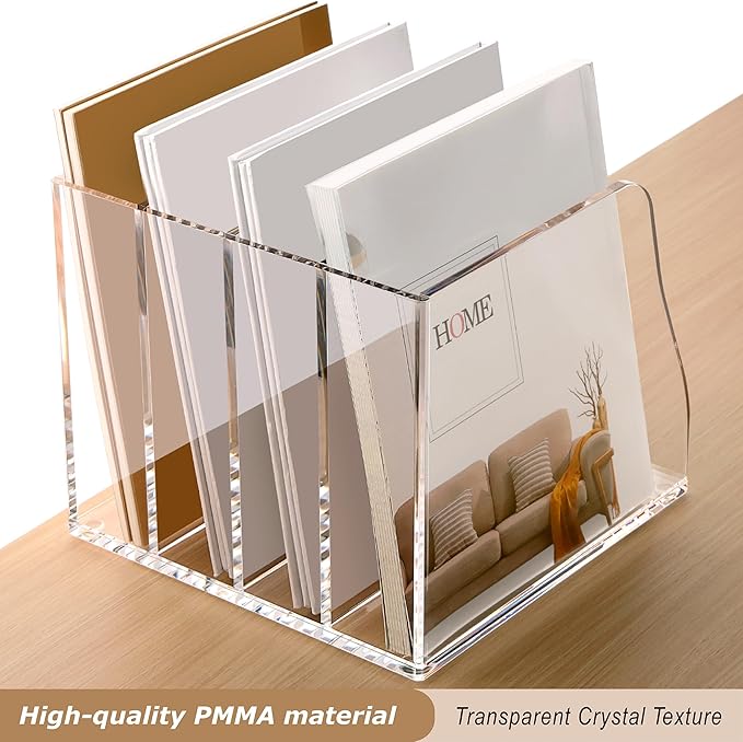 SANRUI Acrylic Desk File Organizer, 4 Vertical Compartments Clear Magazine File Holder Workspace Sorters, Folder Rack for Office Accessories Organization Storage