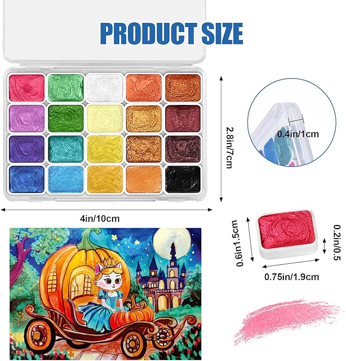 Mini Glitter Watercolor Paint Set, 20 Colors Shimmer Metallic Watercolour Painting Sets, Solid Pearl Water Color Paints for Kids, Adult, 1ml Trial Pack (Pumpkin Castle)