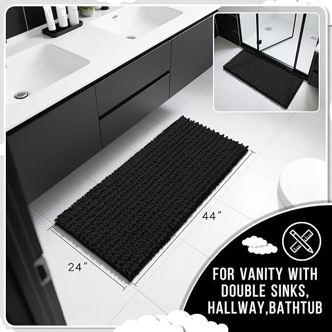 Yimobra Long Bathroom Rugs Non Slip Washable 44x24 Inch - Ultra Soft Absorbent Chenille Bath Mat, Quick Dry Shaggy Floor Carpet for Tub Shower, Black Home Decor Accessories