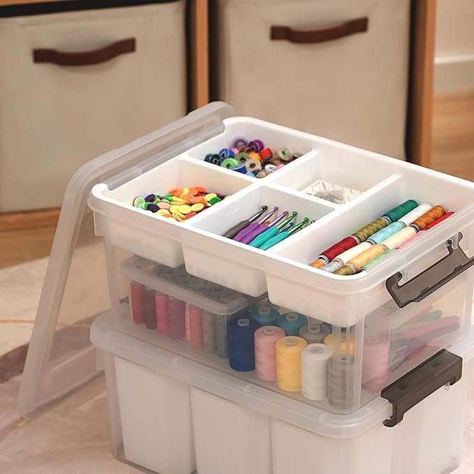 Citylife 17 QT Plastic Storage Box with Removable Tray and 6 Detachable Tall Inserts Craft Organizers and Storage Clear Storage Container for Organizing Crayon, Craft, Sewing, Playdoh, 4 Packs