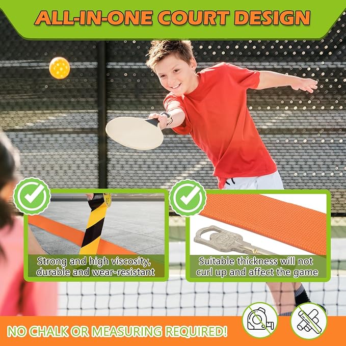 TRINKA Pickleball Court Marking Kit, Temporary Pickleball Court Lines Markers with 2 Tape, Official Size Pickleball Lines Portable Marking Set for Outdoor Indoor Gym Pickleball Tennis (Orange-Yellow)