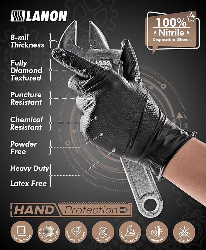 LANON 8 Mil Heavy Duty Black Nitrile Gloves, Food Safe, Powder Free, Mechanic, Fully-Diamond Textured Grip Industrial Disposable Gloves, Medium