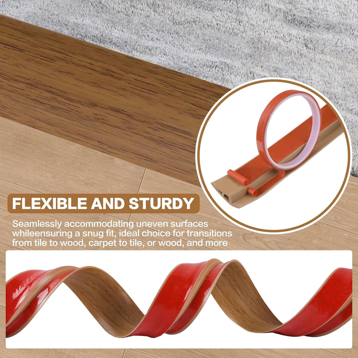 Floor Transition Strip Vinyl Door Threshold Ramp Self Adhesive Carpet Edging Strip Doorway Edge Trim, Overlap Edge Reducer for Laminate Carpet, Floor, Tile (Orange Oak, 1/5" to 2/5", 10Ft)