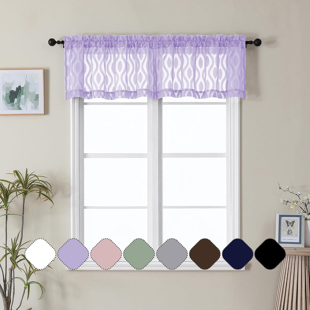 Aiyufeng Light Purple Valances for Windows, Chic Wavy Line Clip Jacquard Voile Sheer Small Window Curtain for Basement, Lightweight Rod Pocket Short Curtains for Windows, 2 PCS, 40Wx14L Inches
