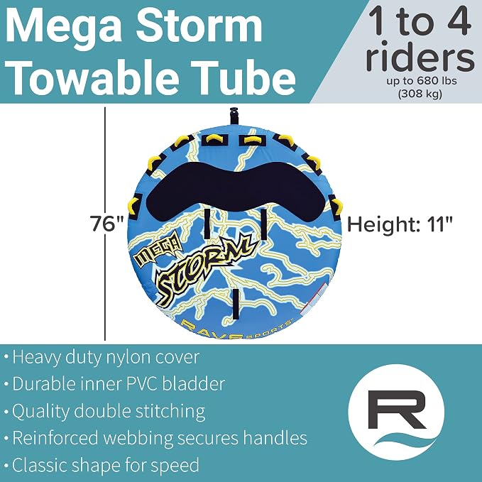 Rave Sports Mega Storm Boat Towable Tube - Inflatable Boating Tube for 1-4 Riders - Heavy-Duty Inflatable Tube for Boats to Pull - Water Sports Towable with Quick Connector Tow Point