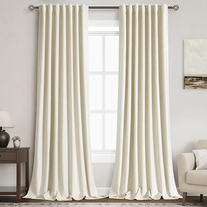 Nanspring Full Black Out Warm Beige Window Curtains 108 Inches Long Loop Pocket Rod Pocket Flax Linen Sound Proof Full Blackout 2 Panels Set for Nursery Modern Farmhouse Curtains Drapes 52x108
