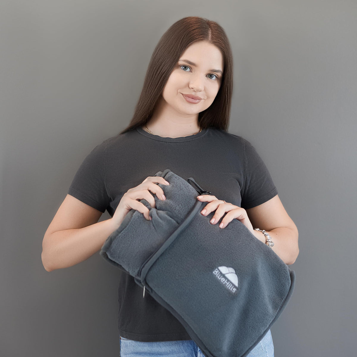 BlueHills Premium Soft Travel Blanket Pillow Airplane Flight Blanket Throw Bag Pillowcase Compact Large 2 in 1 Combo Warm Traveling Plane Essentials Portable Gifts Lightweight Grey Gray T007