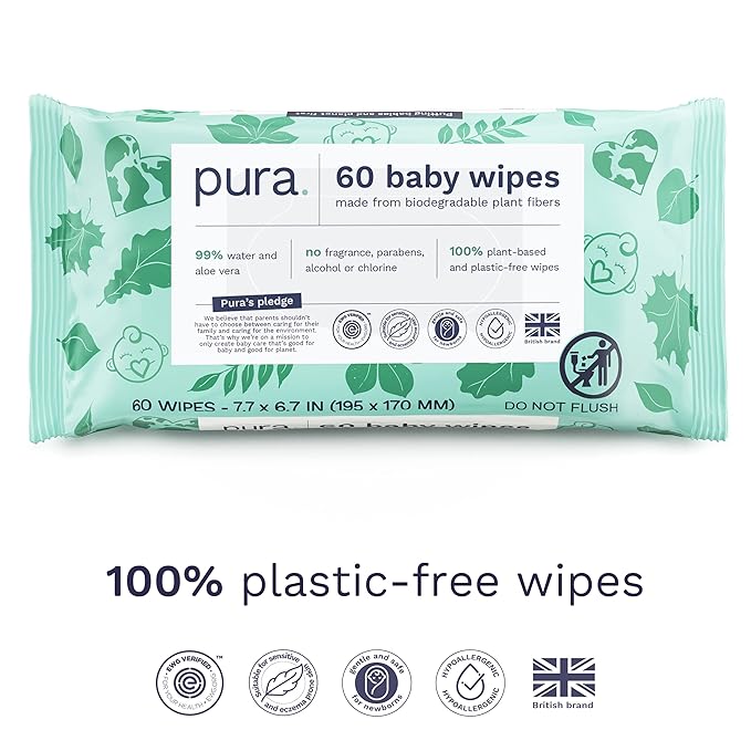 Pura Natural Sensitive Baby Wipes, 99% Water, Unscented & Hypoallergenic, Suitable for Sensitive & Eczema-prone Skin, Fragrance Free & Hypoallergenic, EWG Verified, 3 x 60 per pack (180 Wipes)
