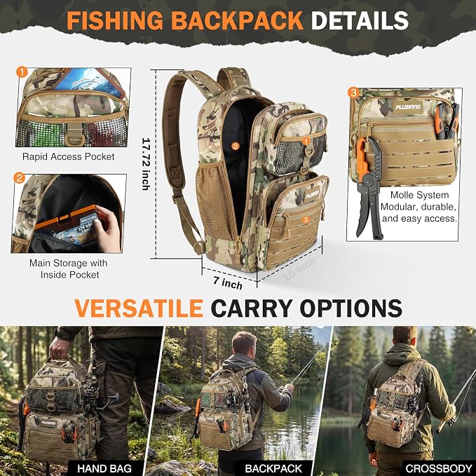 PLUSINNO Fishing Backpack with Fishing Gear Fishing Net, Waterproof Tackle Backpack with Rod Holders, Tackle Box, Lures, Tools, Pliers & Accessories, Fish Gifts for Men