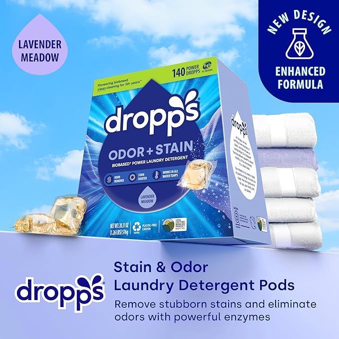 Dropps Odor & Stain Biobased Power Laundry Detergent Pods, Lavender Meadow(140 Count) - HE Compatible Laundry Pods for Fresh Clothes - Washing Detergent Soap Supplies & Recyclable Packaging