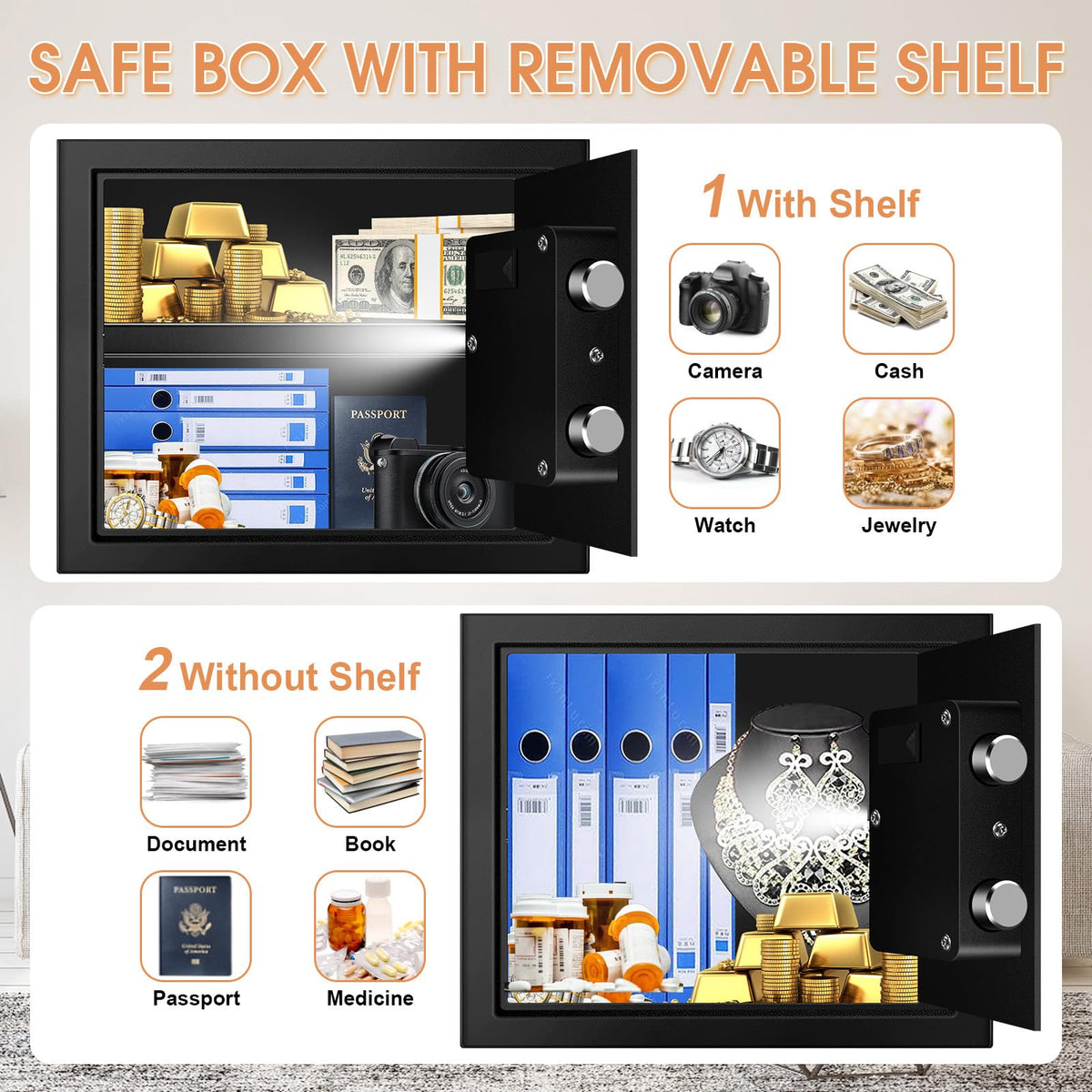 1.2 Cubic Feet Small Fire Safe Box for Home, Fireproof Lock Box, Security Money Safe with Digital Keypad, Spare Keys and Removable Shelf, Personal Home Safes for Money, Jewelry, ID Documents