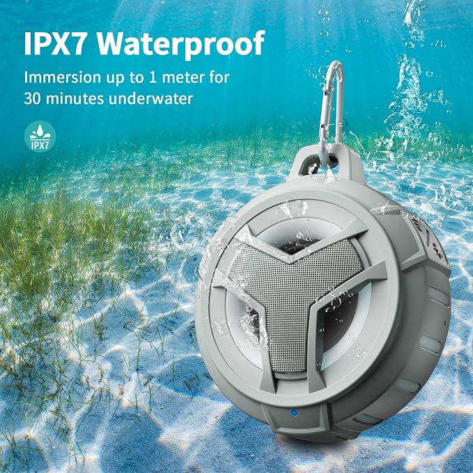 EBODA Shower Bluetooth Speaker, IPX7 Waterproof Portable Floating Speakers with Loud HD Sound, True Wireless Stereo Speaker with LED Light, 24H Play for Shower Pool Beach, Gifts for Men, Women - Gray