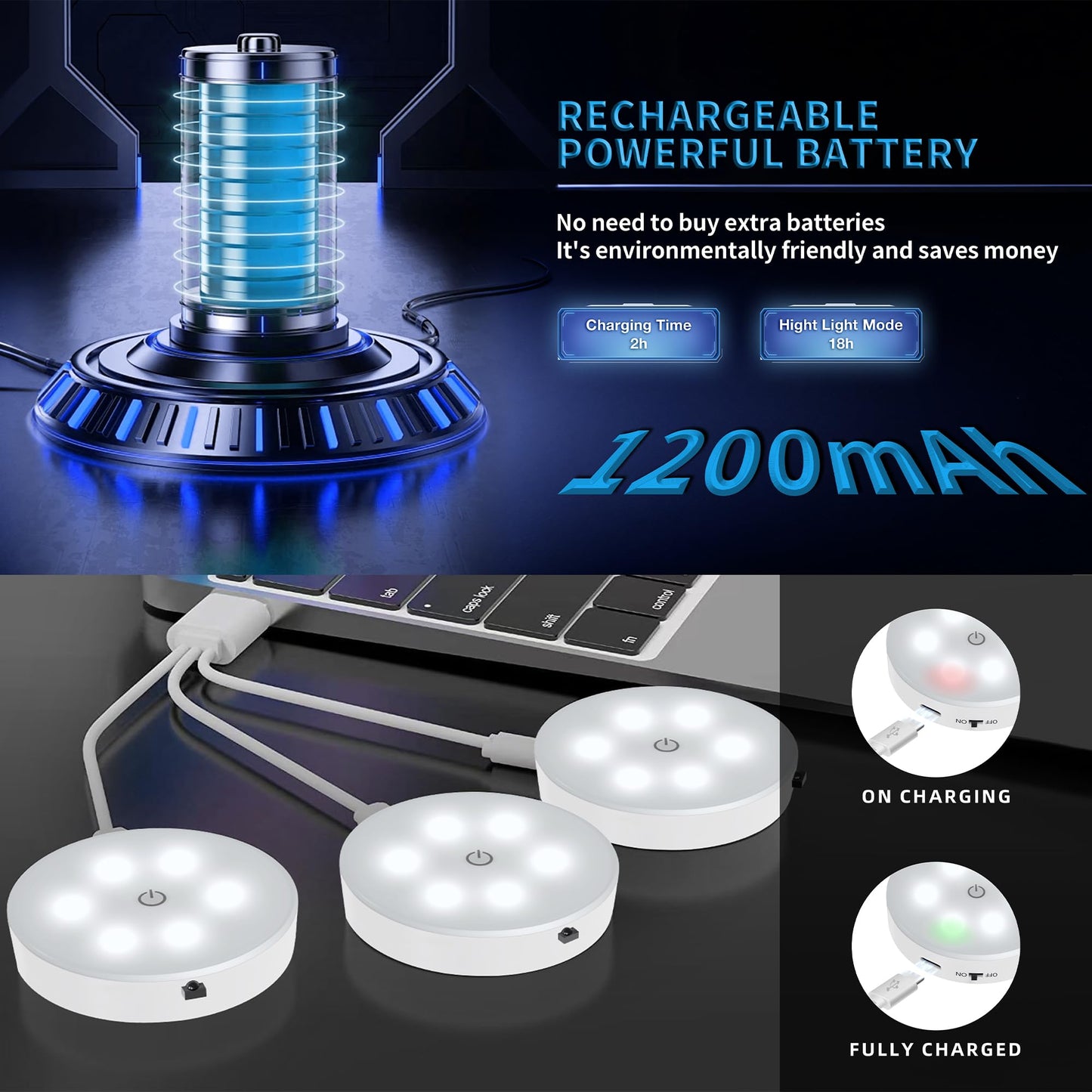 Puck Lights with Remote Control, Magnetic Under Cabinet Lighting, 1200mAh Rechargeable Stick On Lights for Under Cabinet, Hallway, Stairway, Closet (Cool White, 6pcs)