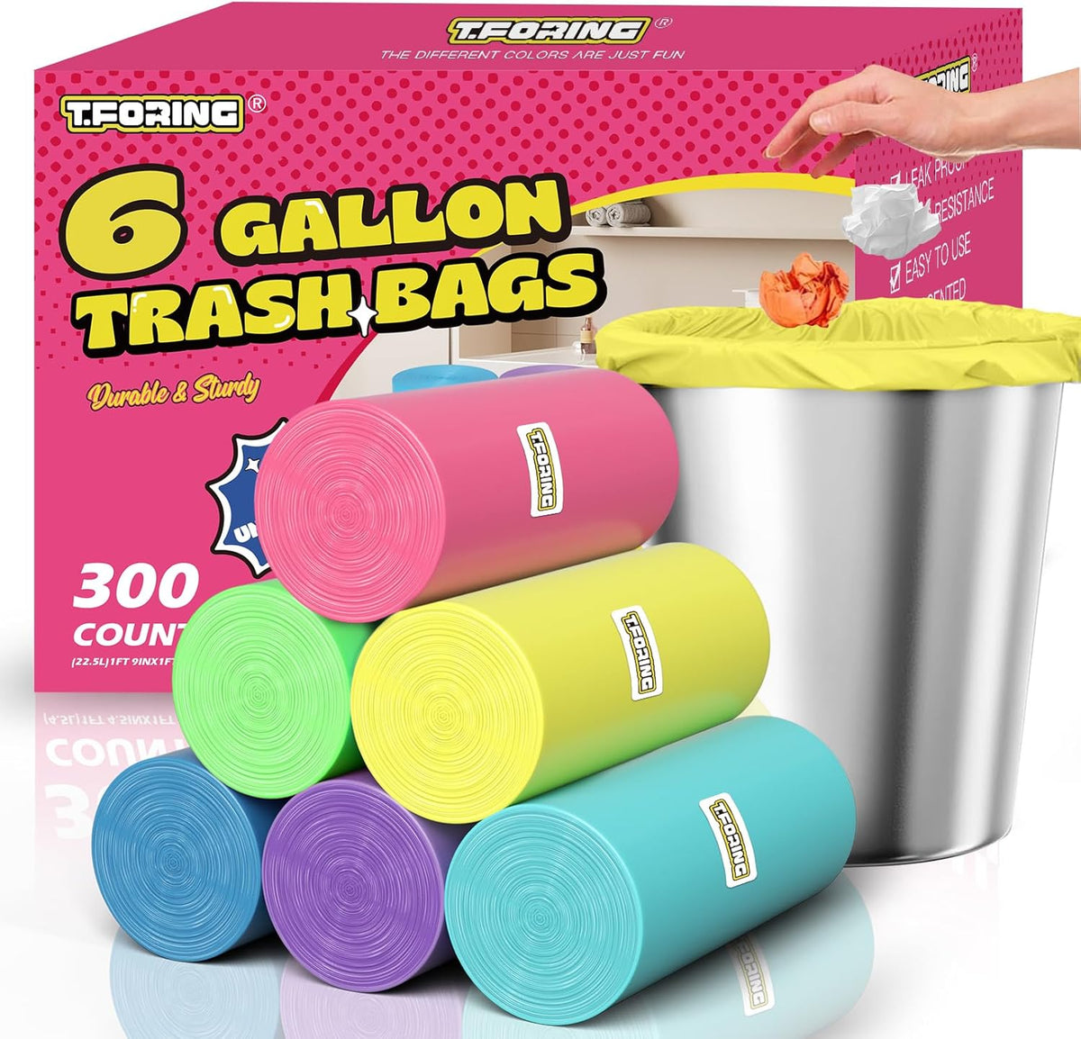 300 Count 6 Gallon Trash Bags - 22 Liter Colored Medium Garbage Bags Unscented 0.94 Mil Thick & Leakproof Wastebasket Liners for Kitchen Bathroom Home