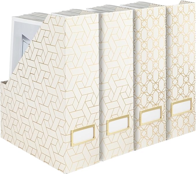 BLU MONACO Decorative Foldable Magazine Storage Boxes for Desk - Set of 4 Gold Magazine Holders with Cream Woven Design – Vintage Magazine File Organizer – Book Bins & Office Décor Storage Solution