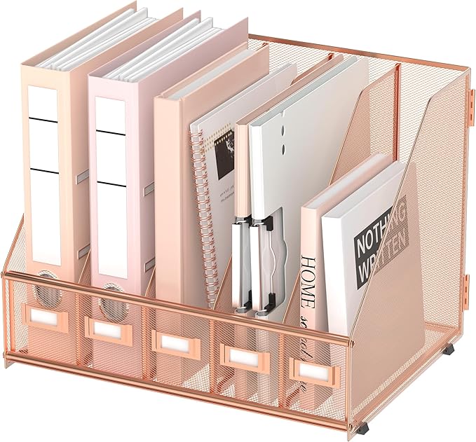 SUPEASY Desk Organizers Metal Desk Magazine File Holder with 5 Vertical Compartments Rack File Organizer for Office Desktop, Home Workspace, Rose Gold, Plus