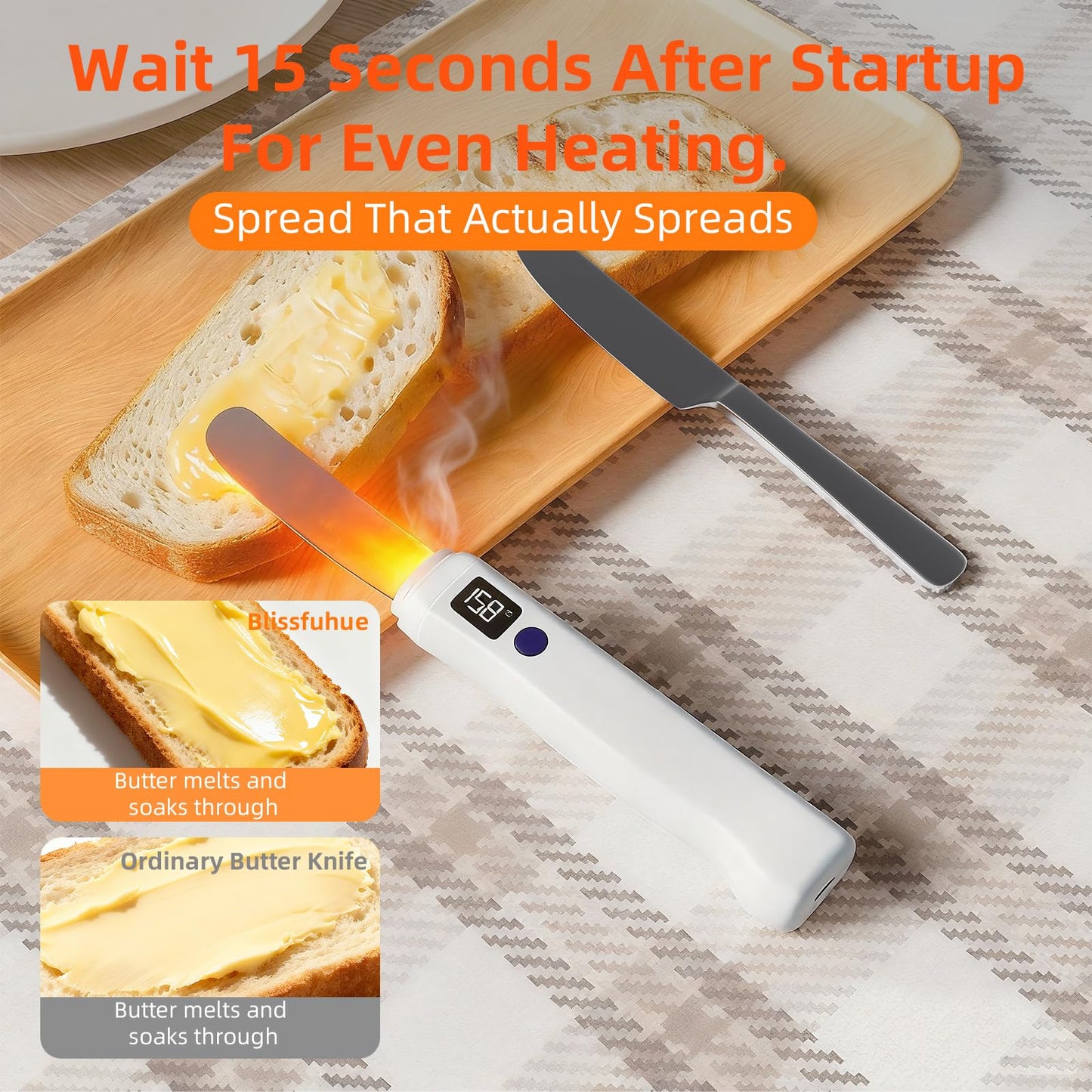 Rechargeable Heating Butter Knife Spreader,Adjustable Heat (131℉/158℉),Electric,Cordless,Heats up in 5 Seconds,Nonstick Stainless Steel Blade,Can Quickly Melt Cold Hard Butter and Coconut Oil,Cheese