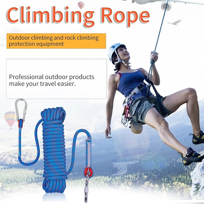 NewDoar Climbing Rope 8(5/16in),10mm (3/8in), High Strength Accessory Cord Rope with 2 Steel Hooks, for Outdoor Rescue Rappelling Rope Down Cliffs ledges Safety Escape Tow Strap Equipment(Blue)