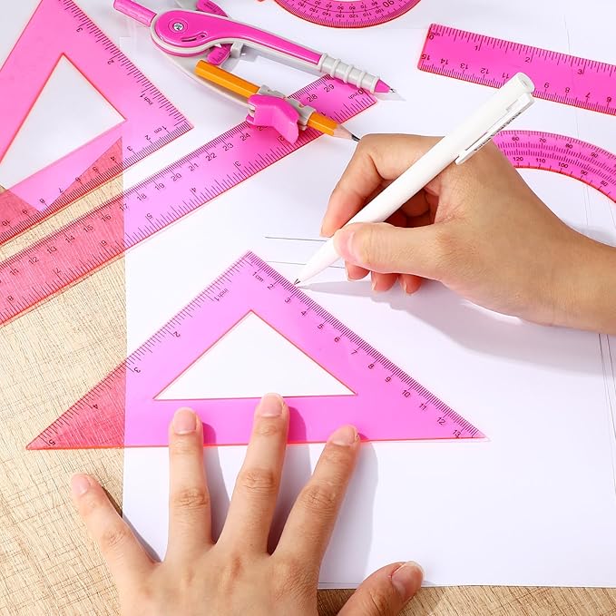 Zonon 1 Set Plastic Geometry Math Set 7 Pcs Includes 6'' / 4 '' Protractor, Drawing Compass, 45/60 Degree Triangle Rulers, 12'' / 6'' Math Ruler Transparent for Office Supplies(Pink)