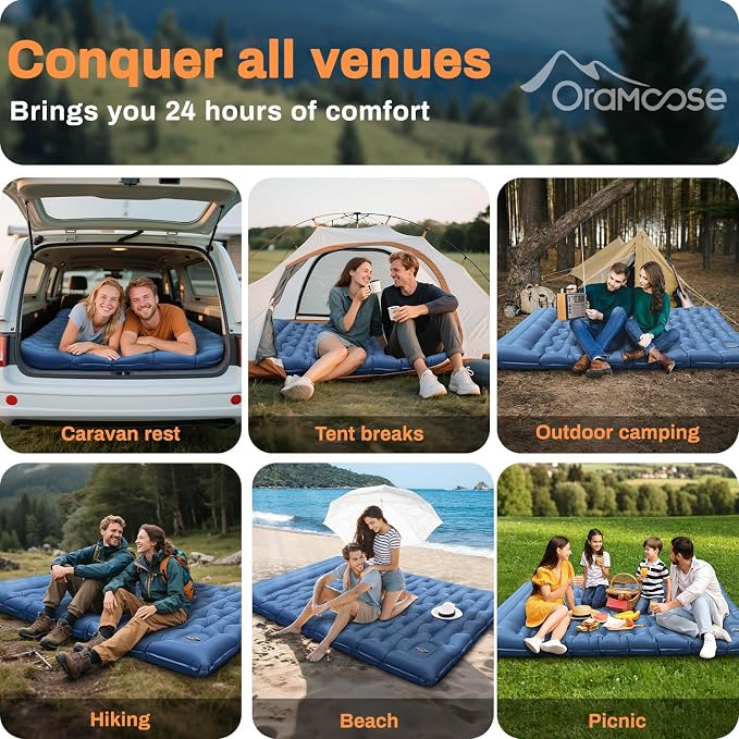 Double Sleeping Pad for Camping, Extra Thick 6 Inch Sleeping Mat Camping for 2 Person Self Inflating Camping Pad with Built-in Pillow & Foot Pump Inflatable Camping Mat for Backpacking Hiking Tents