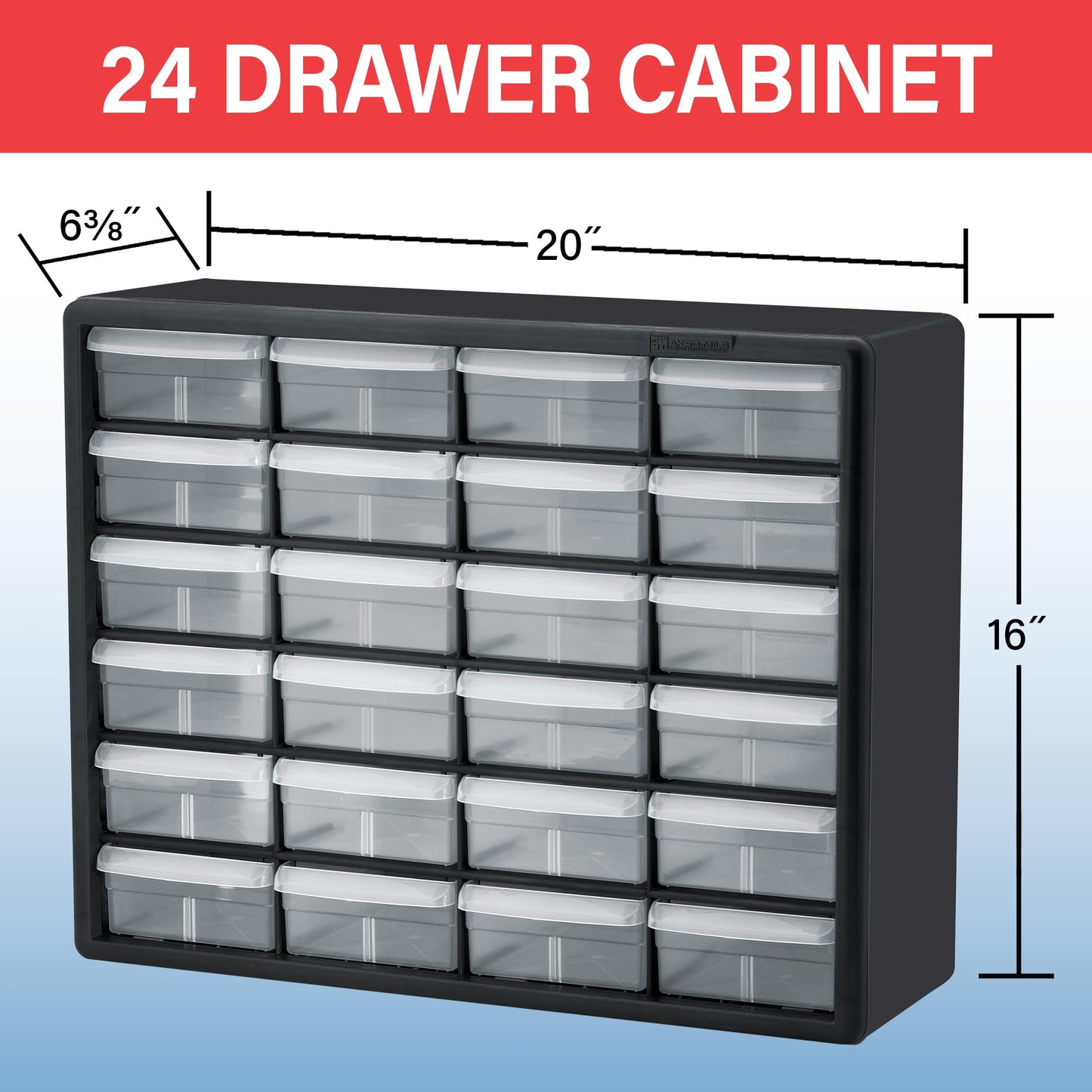 Akro-Mils 24-Drawer Plastic Drawer Storage Cabinet for Garage Organization, Bead Organizer, Building Bricks Storage, Teacher Toolbox, Makeup Organizer, 20" W x 6" D x 16" H, 10124 Black